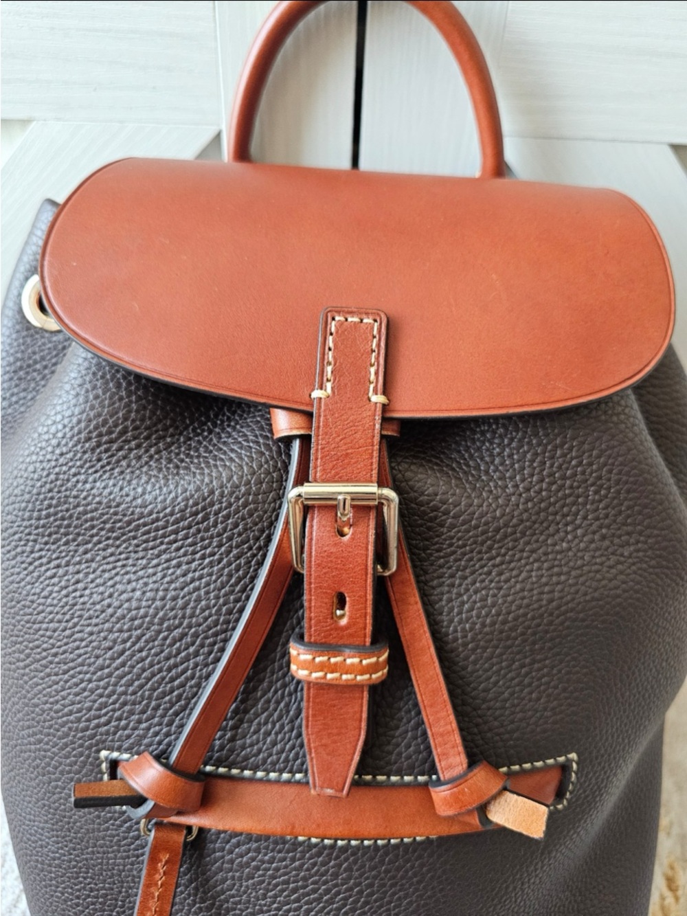Dooney & Bourke Dark Brown Pebbled Leather Backpack with Saddle Tan Trim - Picture 2 of 7